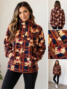 Unisex O/S VTG Oceanic Plaid Teddy Fleece Pullover Shirt Sweater XL or Oversized